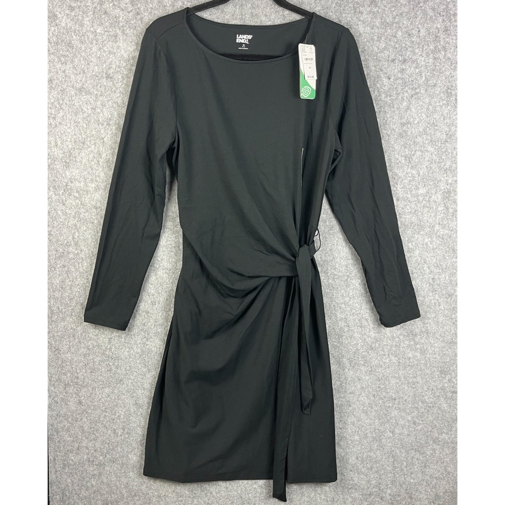 Lands End Dress Womens Medium Black Tie Waist Long Sleeve Midi Modal Minimal NWT